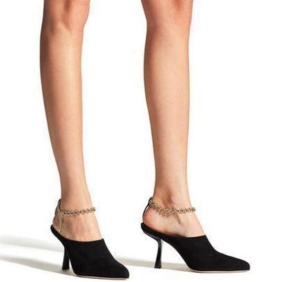JIMMY CHOO Betha 85 Suede And Nappa Leather Mules With Chain, Black 37 - Picture 2 of 16